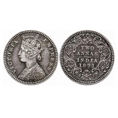 Victoria Empress, Silver, 2 Annas, 1891, Calcutta Mint, B/II, 'C' incused. GK 795. Very Fi