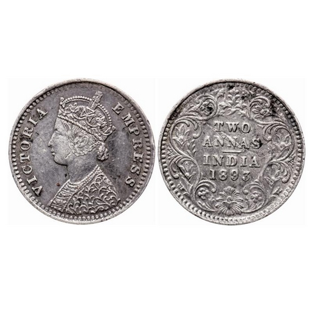 Victoria Empress, Silver, 2 Annas, 1893, Bombay Mint, B/II, 'B' incused. GK 799. Very Fine