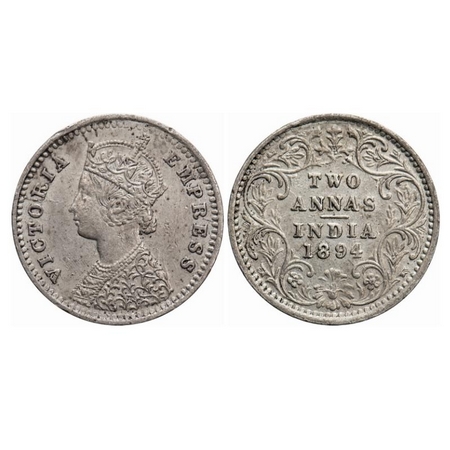 Victoria Empress, Silver, 2 Annas, 1894, Bombay Mint, B/II. 'B' incused, Ghost on Rev, Die