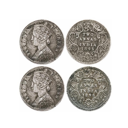 Victoria Empress, Silver, 2 Annas (2 Coins), 1895, Calcutta Mint, B/II, 'C' incused. GK 80