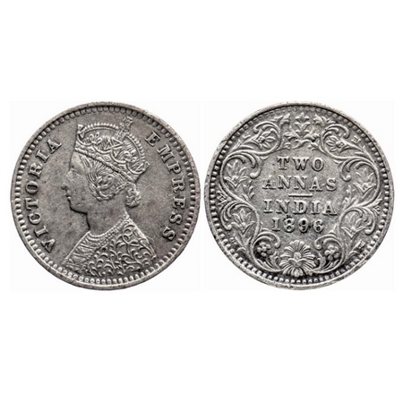 Victoria Empress, Silver, 2 Annas, 1896, Bombay Mint, B/II, 'B' incused. GK 804. Extremely