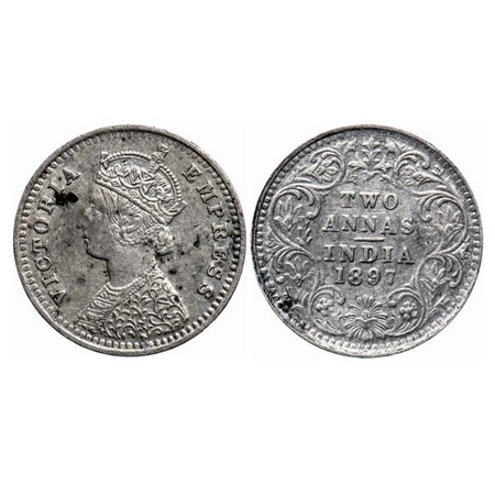 Victoria Empress, Silver, 2 Annas, 1897, Bombay Mint, B/II, 'B' incused. GK 806. Extremely