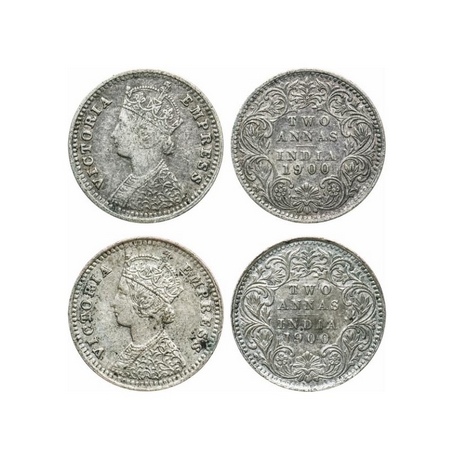 Victoria Empress, Silver, 2 Annas (2 Coins), 1900, Bombay Mint, B/I, 'B' raised. GK 812. V
