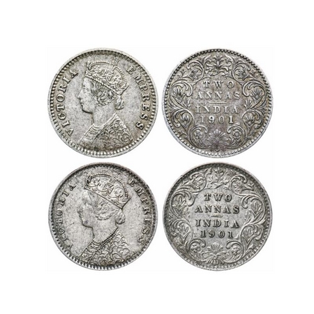 Victoria Empress, Silver, 2 Annas (2 Coins), 1901, Calcutta Mint, B/II, 'C' incused. GK 81