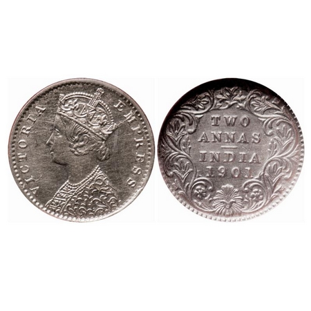 Victoria Empress, Silver, 2 Annas, 1901, Calcutta Mint, B/II, 'C' incused, Die crack on Ob