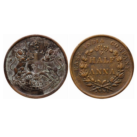 Victoria Queen, Copper, Half Anna, 1845, Calcutta Mint, Obv A. GK 144. Extremely Fine+, De