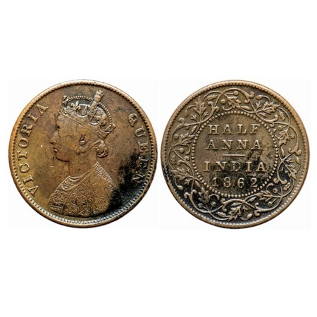 Victoria Queen, Copper, Half Anna, 1862, Madras Mint, A/I, Smudged type flowers. GK 390. V