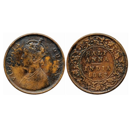 Victoria Queen, Copper, Half Anna, 1862, Madras Mint, A/I, Smudged type flowers. GK 390. A