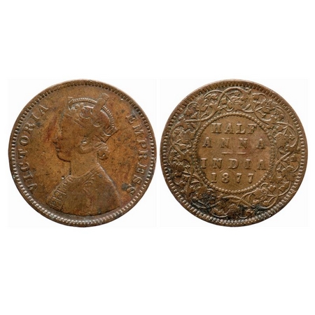 Victoria Empress, Copper, Half Anna, 1877, Bombay Mint, B/II, Numeral 77 narrow. GK 820. A