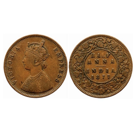 Victoria Empress, Copper, Half Anna, 1877, Bombay Mint, B/II. GK 820. Very Fine+. Scarce.