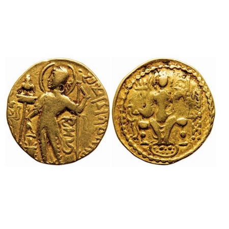Guptas, Samudragupta (c. 335-375 CE), Gold Dinar, 7.23g, 28mm, Javelin Type, Obv: King sta