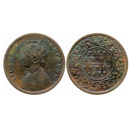 Victoria Empress, Copper, Half Anna, 1877, Calcutta Mint, C/II, 77 Broad. GK 821. Very Fin