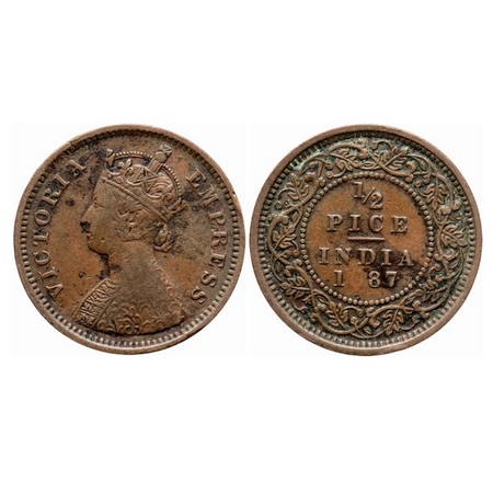 Victoria Empress, Copper, 1/2 Pice, 1887, Calcutta Mint, A/I, No mint mark, Numeral 8 of y