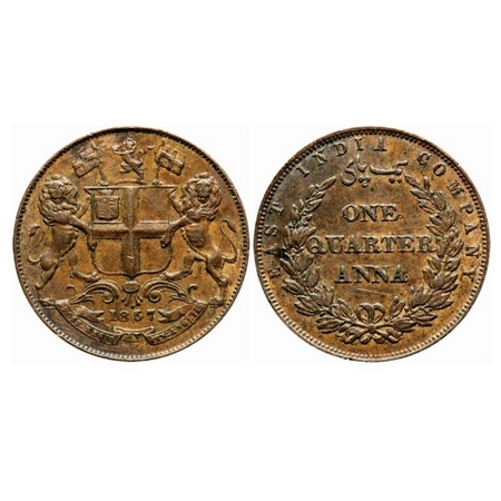 Victoria Queen, Copper, Quarter Anna, 1857, Birmingham Mint, Single leaf, Rev inverted. GK