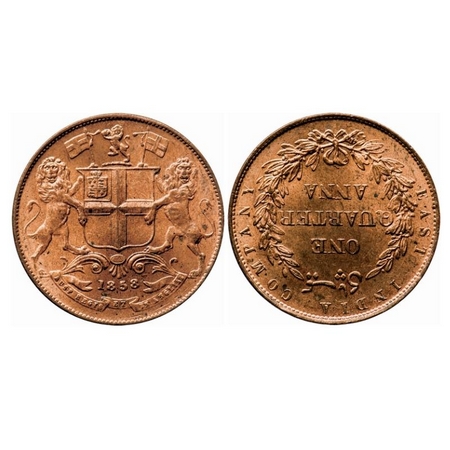 Victoria Queen, Copper, Quarter Anna, 1858, J. Watt & Co. Birmingham Mint, Single leaf, Ye