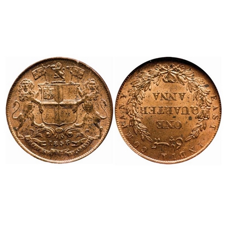 Victoria Queen, Copper, Quarter Anna, 1858, J. Watt & Co. Birmingham Mint, Silgle leaf, Ye