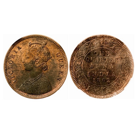 Victoria Queen, Copper, Quarter Anna, 1862, A/I, No mint mark, No privy mark, Die crack on