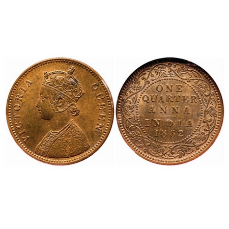Victoria Queen, Copper, Quarter Anna, 1862, Calcutta Mint, A1/I, No mint mark, Tiny 'V' ra
