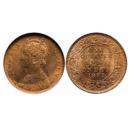 Victoria Queen, Copper, Quarter Anna, 1862, Bombay Mint, A/I, Tiny 'V' incused, Ghost on R