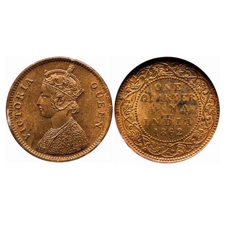 Victoria Queen, Copper, Quarter Anna, 1862, Bombay Mint, A/I, Tiny 'V' incused, Planchet f
