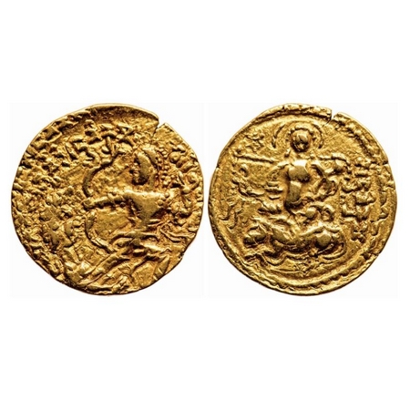 Guptas, Chandragupta II, Gold Dinar, 7.69g, ‘Lion-Slayer’ type, double struck on obverse, 