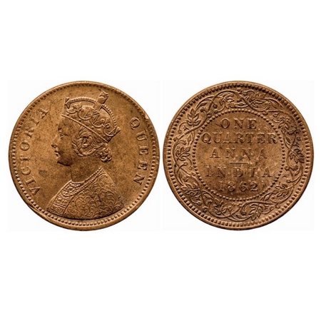 Victoria Queen, Copper, Quarter Anna, 1862, Madras Mint, A/I, No mint mark, Ghost on Obv. 