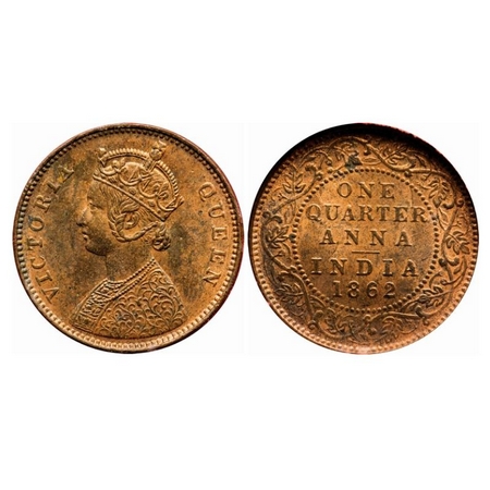 Victoria Queen, Copper, Quarter Anna, 1862, Madras Mint, A/I, No privy mark, No mint mark,