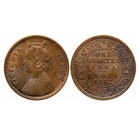Victoria Queen, Copper, Quarter Anna, 1862, Madras Mint, A/I, No mint mark. Multiple die c