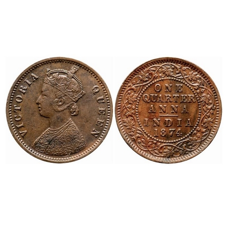 Victoria Queen, Copper, Quarter Anna, 1874, Calcutta Mint, B/II, No mint mark. GK 823. Ver