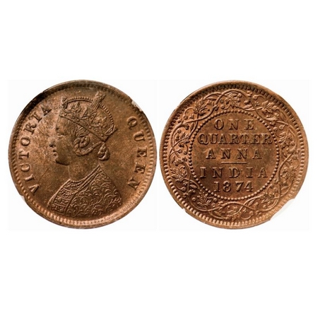 Victoria Queen, Copper, Quarter Anna, 1874, Calcutta Mint, B/II, No mint mark. GK 823. NGS