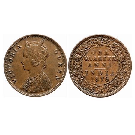 Victoria Queen, Copper, Quarter Anna, 1876, Calcutta Mint, B/II, No mint mark. GK 827. Abo