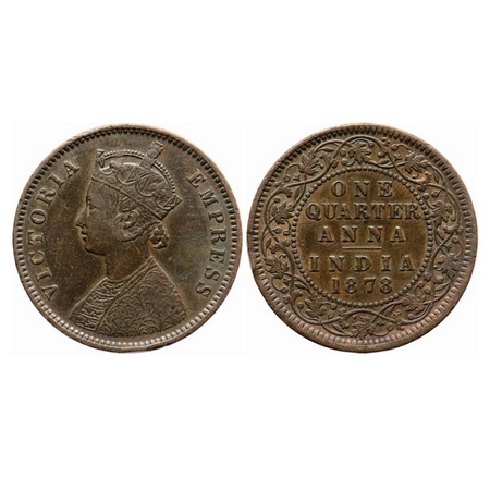 Victoria Empress, Copper, Quarter Anna, 1878, Calcutta Mint, B/II, No mint mark. GK 830. A