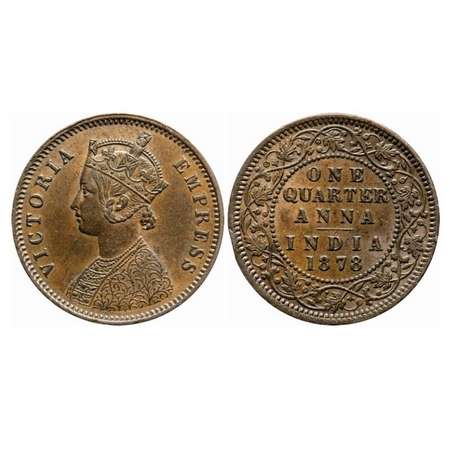 Victoria Empress, Copper, Quarter Anna, 1878, Calcutta Mint, B/II, No mint mark. GK 830. E