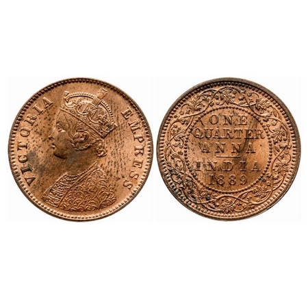 Victoria Empress, Copper, Quarter Anna, 1889, Calcutta Mint, B/II, No mint mark, Ghost on