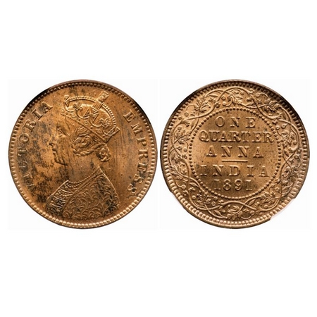 Victoria Empress, Copper, Quarter Anna, 1891, Calcutta Mint, B/II, No mint mark, Ghost on 