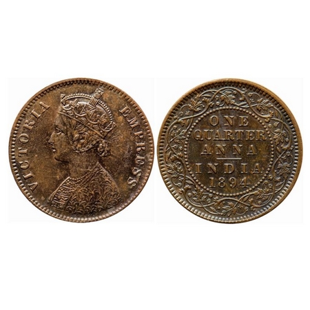 Victoria Empress, Copper, Quarter Anna, 1894, Calcutta Mint, B/II, No mint mark. GK 853. A