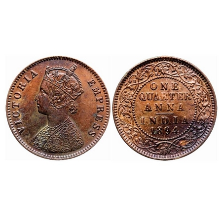 Victoria Empress, Copper, Quarter Anna, 1894, Calcutta Mint, B/II, No mint mark, Die crack