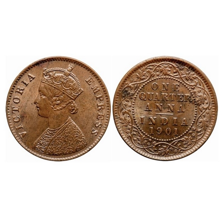 Victoria Empress, Copper, Quarter Anna, 1901, Calcutta Mint, B/II, No mint mark, Ghost on 