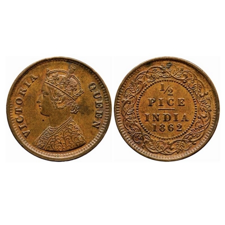 Victoria Queen, Copper, 1/2 Pice, 1862, Calcutta Mint, A/I. GK 401. Almost Uncirculated. V