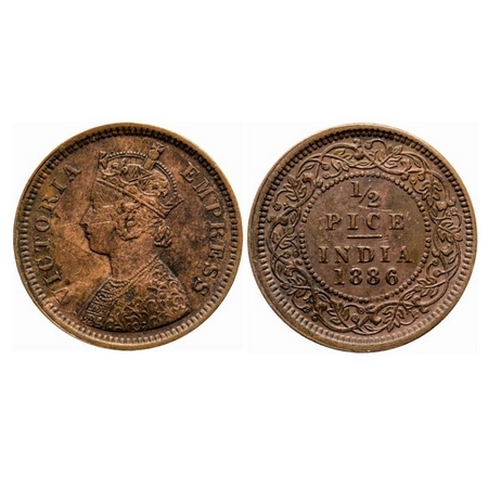 Victoria Empress, Copper, 1/2 Pice, 1886, Calcutta Mint, A/I. GK 865. Very Fine+. Scarce.