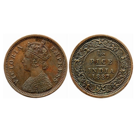Victoria Empress, Copper, 1/2 Pice, 1887, Calcutta Mint, A/I, No Mint mark. GK 867. Extrem