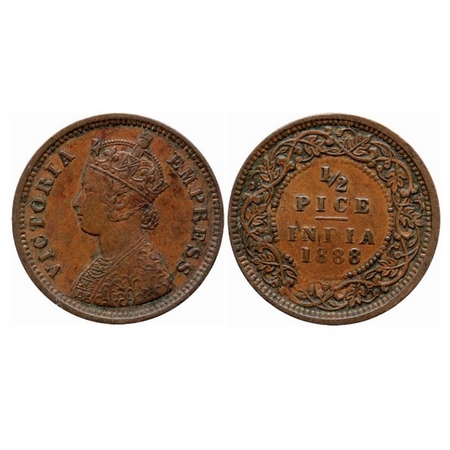 Victoria Empress, Copper, 1/2 Pice, 1888, Calcutta Mint, A/I, No Mint mark. GK 868. About 