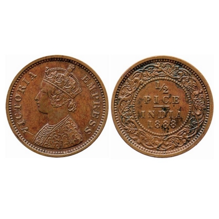 Victoria Empress, Copper, 1/2 Pice, 1888, Calcutta Mint, A/I, No Mint mark. GK 868. Extrem