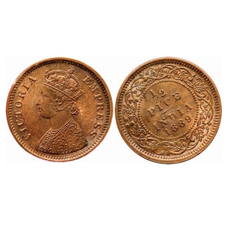 Victoria Empress, Copper, 1/2 Pice, 1889, Calcutta Mint, A/I, No mint mark, Die rotation o