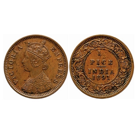 Victoria Empress, Copper, 1/2 Pice, 1891, Calcutta Mint, A/I, No Mint mark, Die cracks on