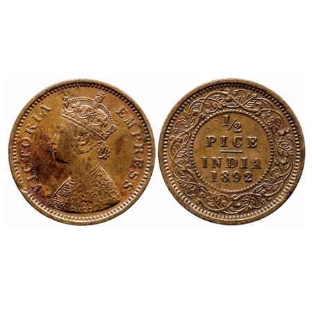 Victoria Empress, Copper, 1/2 Pice, 1892, Calcutta Mint, A/I, No mint mark. GK 872. Extrem