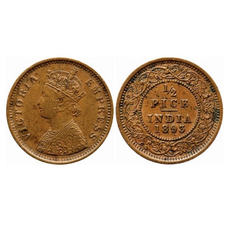 Victoria Empress, Copper, 1/2 Pice, 1893, Calcutta Mint, A/I, No mint mark, Ghost on Rev. 