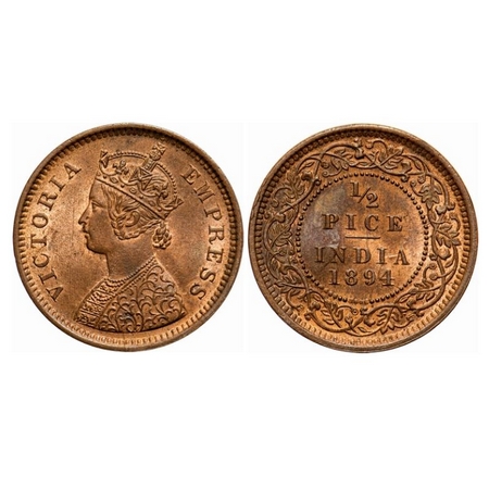Victoria Empress, Copper, 1/2 Pice, 1894, Calcutta mint, A/I, No mint mark, Ghost on Rev. 