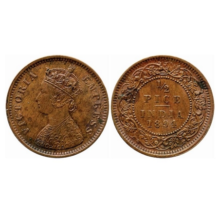 Victoria Empress, Copper, 1/2 Pice, 1894, Calcutta Mint, A/I, No Mint mark, Die cracks on 