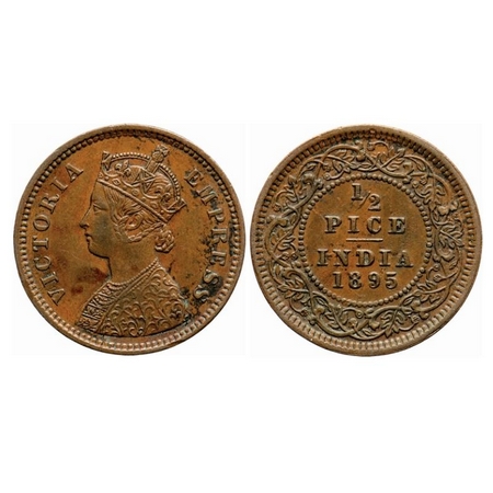 Victoria Empress, Copper, 1/2 Pice, 1895, Calcutta Mint, A/I, No Mint mark, Ghost on Rev. 